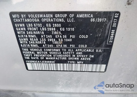 2018 Volkswagen Atlas 3.6L V6 Se/3.6L V6 Se W/Technology from USA, damaged, VIN 1V2DR2CA1JC508600